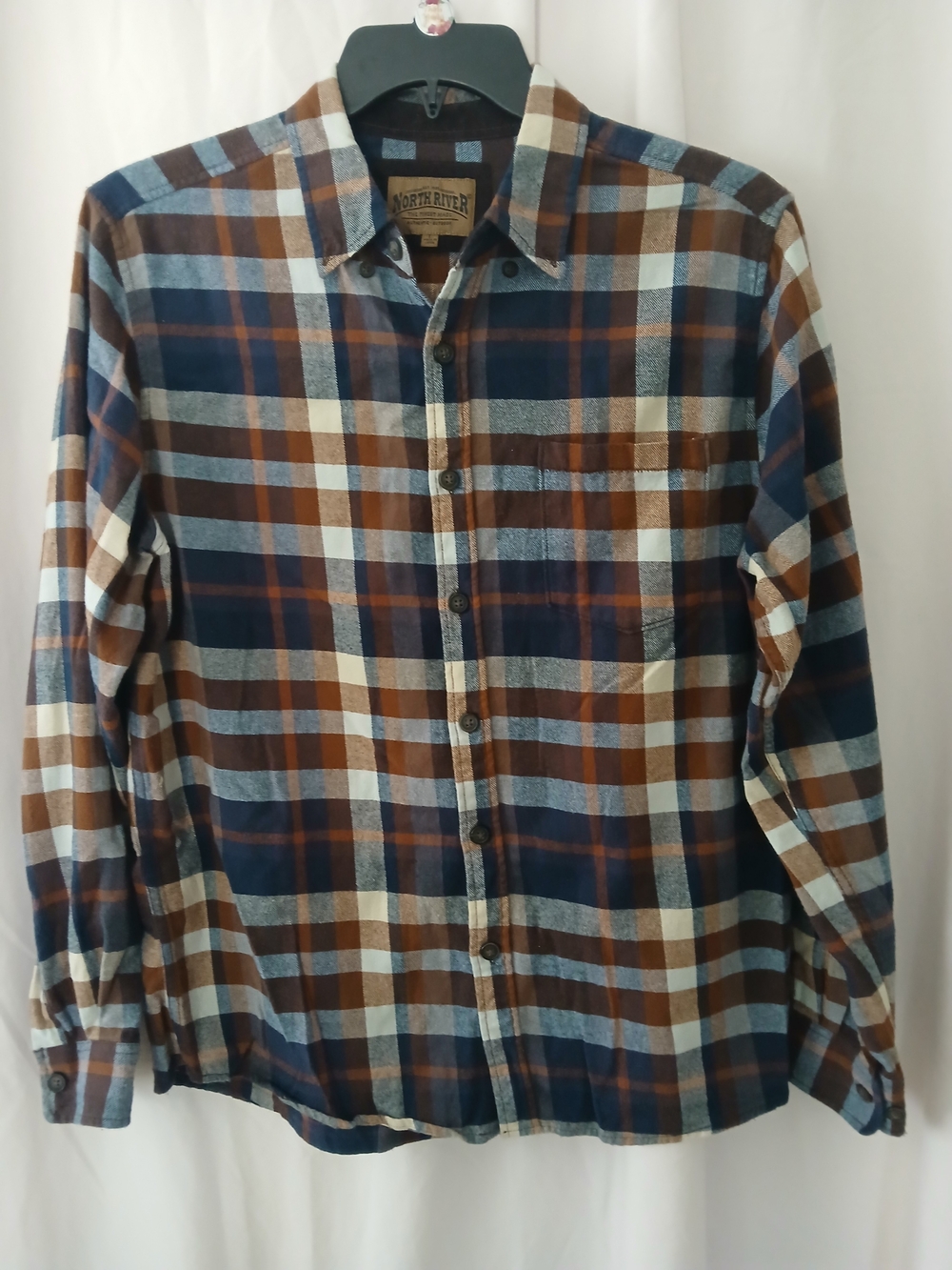 100% Cotton Men's Plaid Button-Up Shirt - Blue & Brown Large Grandpa Work Wear